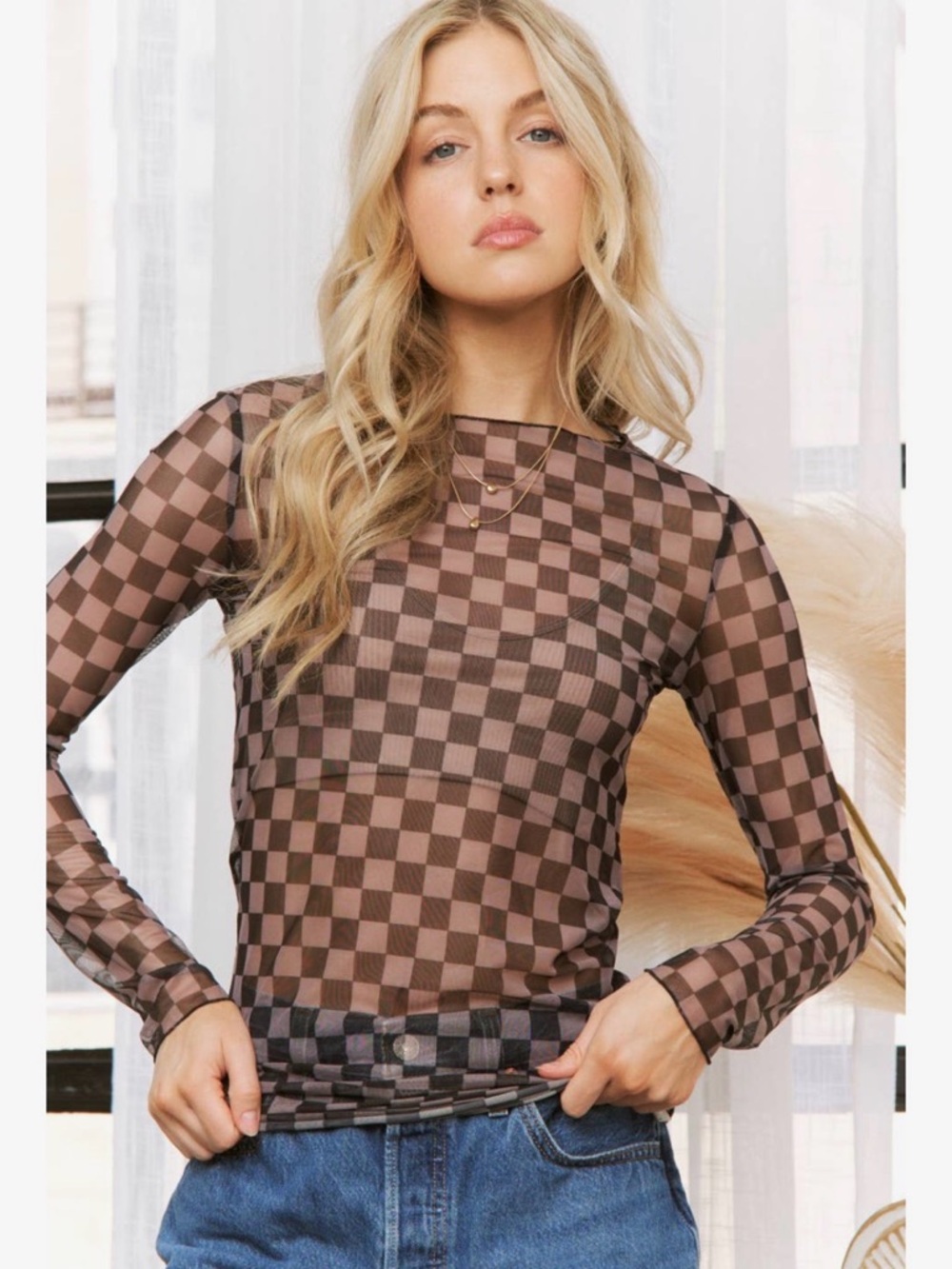 Checkered Print Mesh Crew Neck Design Long Sleeve Top